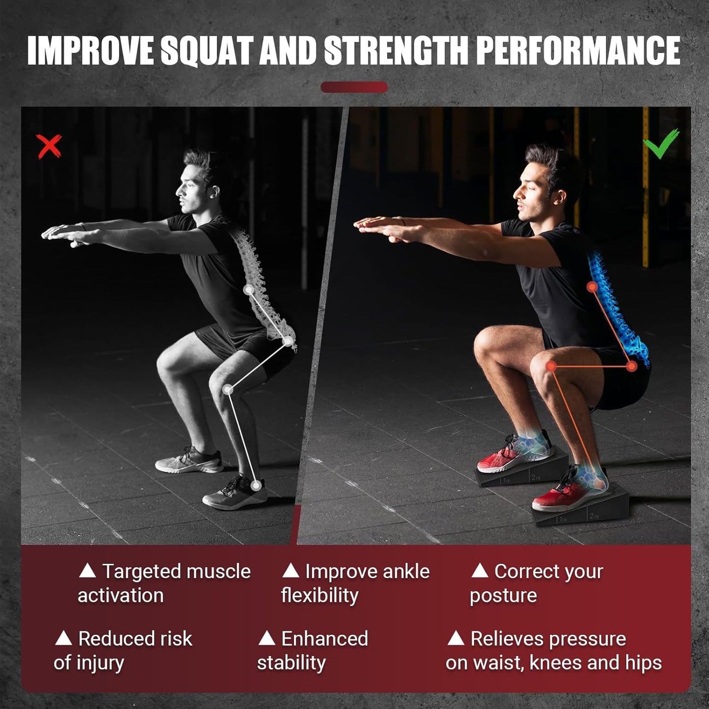 Squat Wedge Block, 2 Pcs Non-slip Heel Elevated Squat Wedge for Weightlifting Workout with Storage & Training Poster, Slant Board for Squats to Improve Squat Mobility Balance & Strength Performance