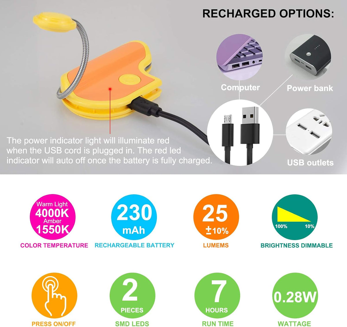BIGMONAT Rechargeable Reading Light for Kids,Small Amber Book Light,Multi Colors Portable LED Reading Lamp with 361° Rotary Light Neck,Wireless Clip Reading Light for Books (White)