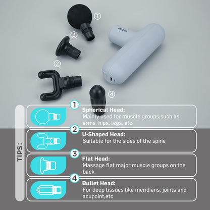 NEPQ Mini Massage Gun, Powerful Fascial Gun Portable Deep Tissue Percussion Muscle Back Head Massager for Pain Relief with 4 Massage Heads High-Intensity Vibration Rechargeable Small Massage Gun