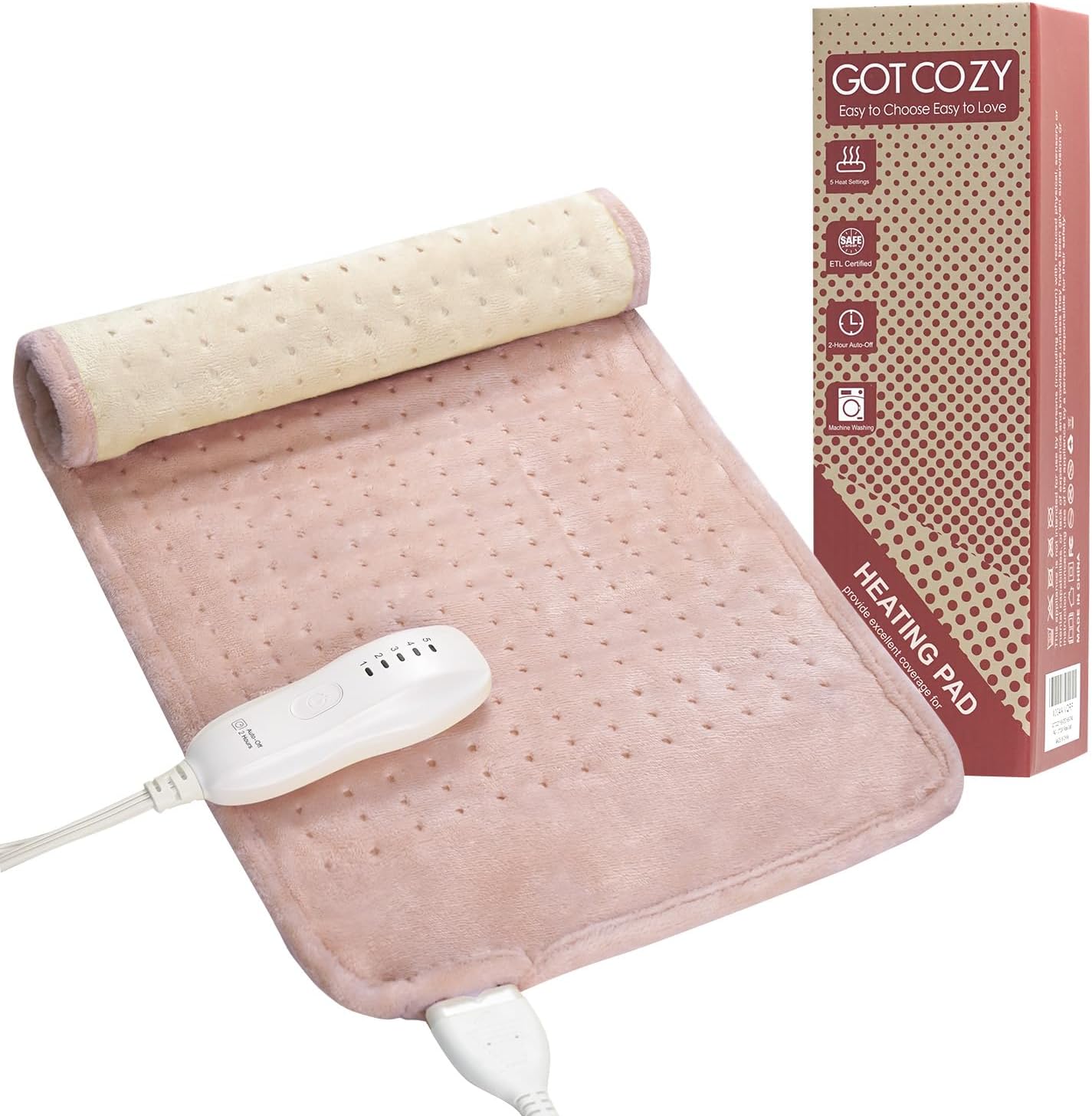 GOTCOZY Heating Pad for Back Pain Relief & Cramps,Electric Heating Pads for Neck and Shoulders with 2H-Auto Shut Off and 5 Heat Settings,Gifts for Mom Men 12''X24''(Khaki)