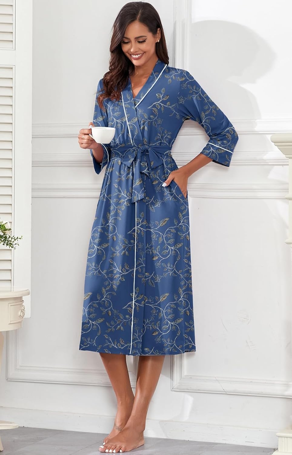 PrinStory Robes for Women 3/4 Sleeve Long Bath Robe XS-4XL