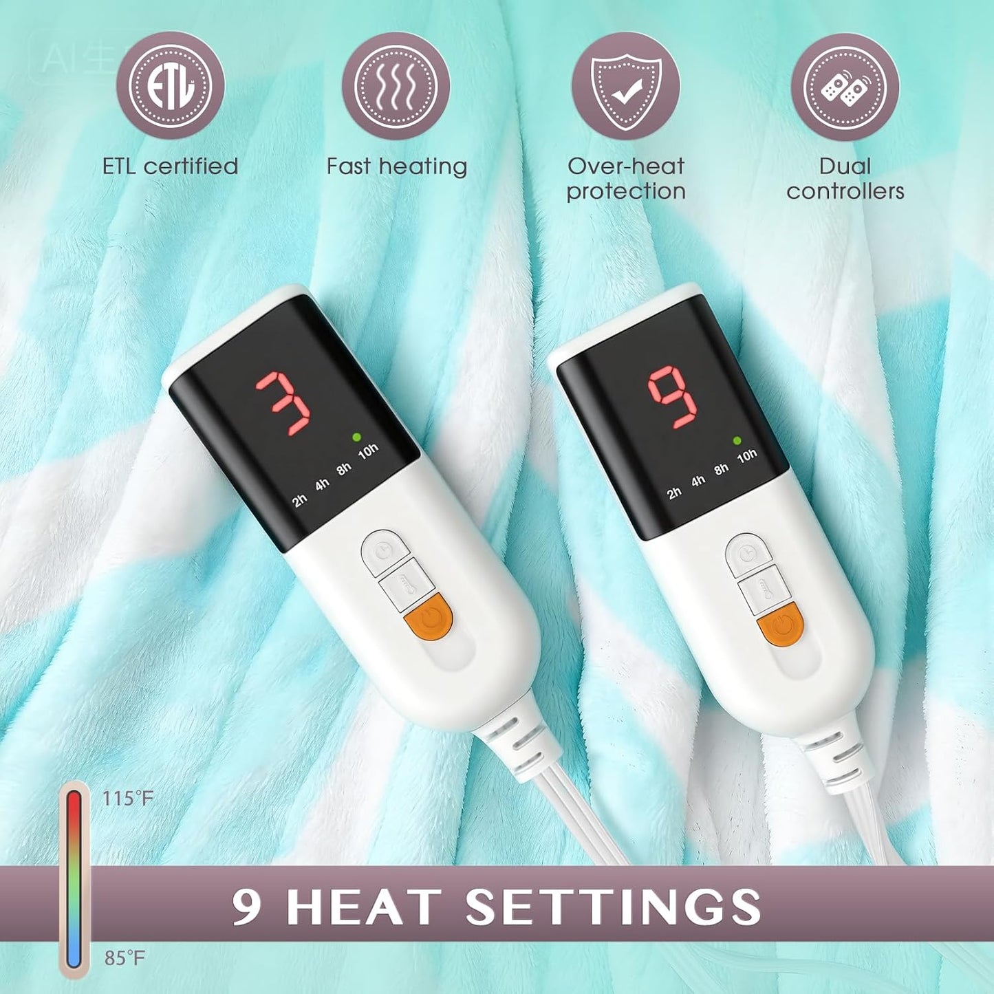 VENTIMI Electric Blanket Heated Throw, 50" x 60" Heated Blanket with 5 Heat Levels & 3 Hours Auto Off, Fast Heating Blankets with ETL & FCC Certification, Grey