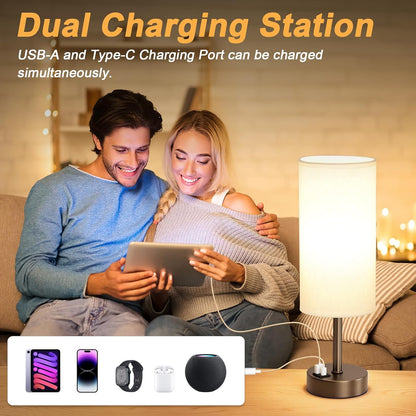 Dicoool Touch Table Lamp for Bedroom, 3 Way Dimmable Bedside Lamp with USB C & A Charging Ports - Small Desk Lamp for Dorm Room, College, Kids, Office, Living Room, White