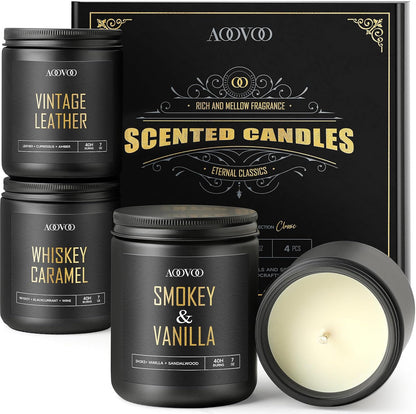 AOOVOO Scented Candles for Men - 4 Pack Candles for Home Scented, 36oz Soy Wax, 200 Hour Burn Time, Men Candle Set, Sandalwood Oud/Mahogany Teakwood/Smoke Vanilla/Jasmine Candle Set A