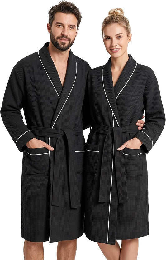 Cuffbow Cotton Robe for Women or Men Lightweight Waffle Knit Bathrobe Couple V Neck Spa Sleepwear(just 1 Set)