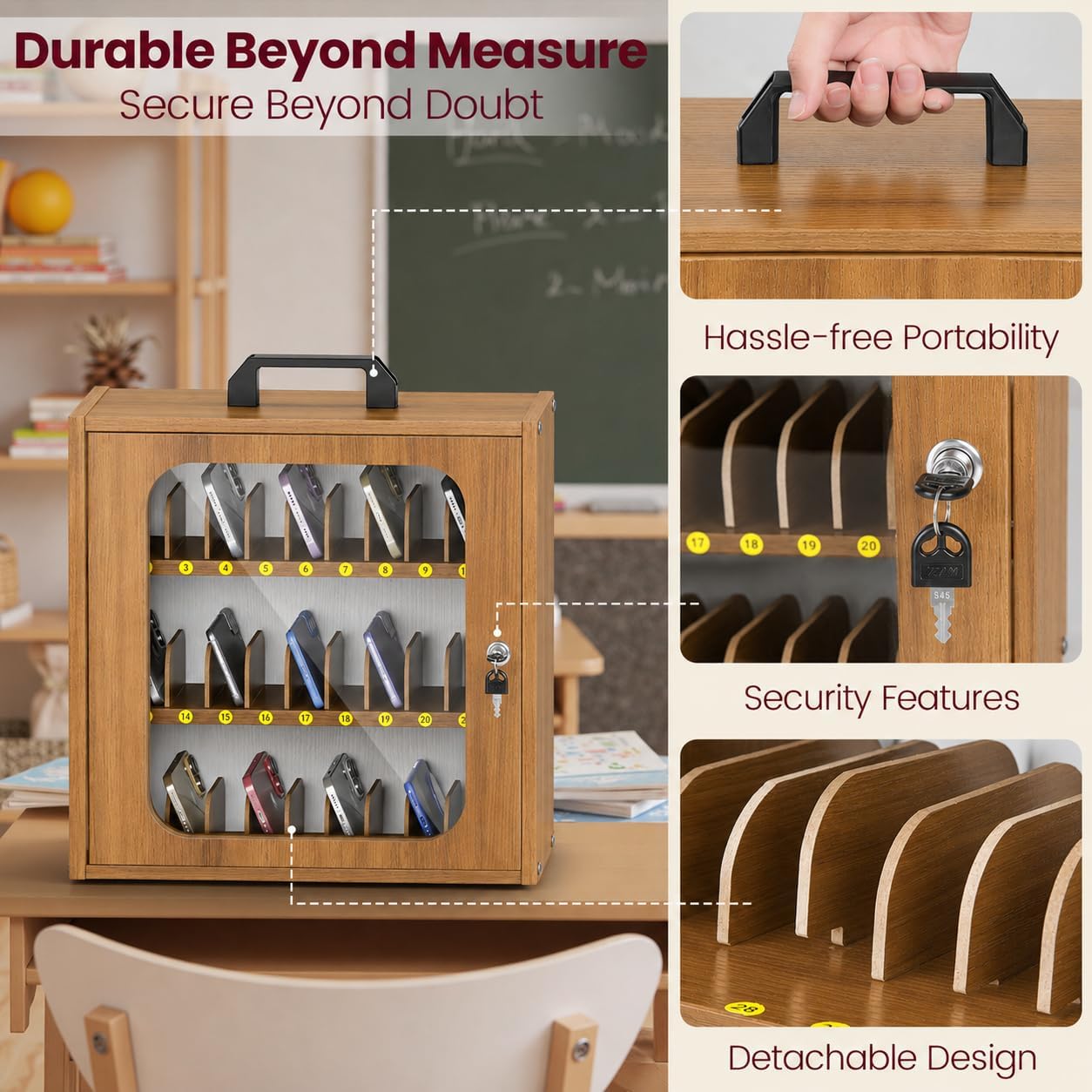 Cell Phone Caddy for Classroom, Adjustable 33 Slots Phone Locker Box for School Home Office Management Easy Assembly Wooden Cellphone Storage Cabinet for Teacher