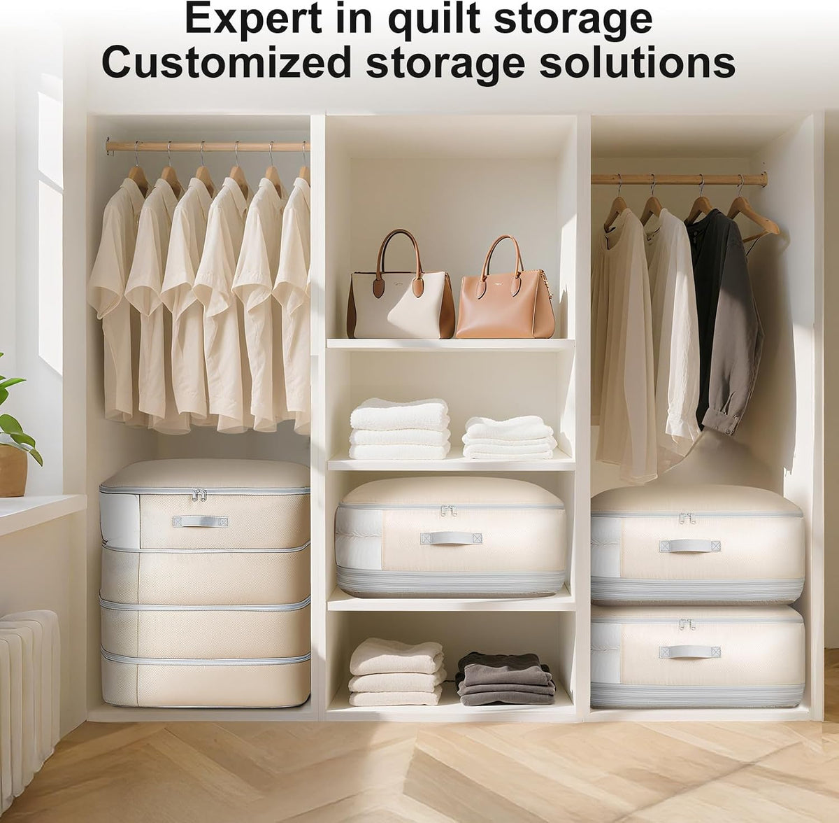 Comforter Storage Bag - 130L Large Capacity Blanket Storage Bags 4-Layer Ultra Space Saving Self Compression Organizer, Washable Compression Bags for Storage Comforter Blanket, Beige