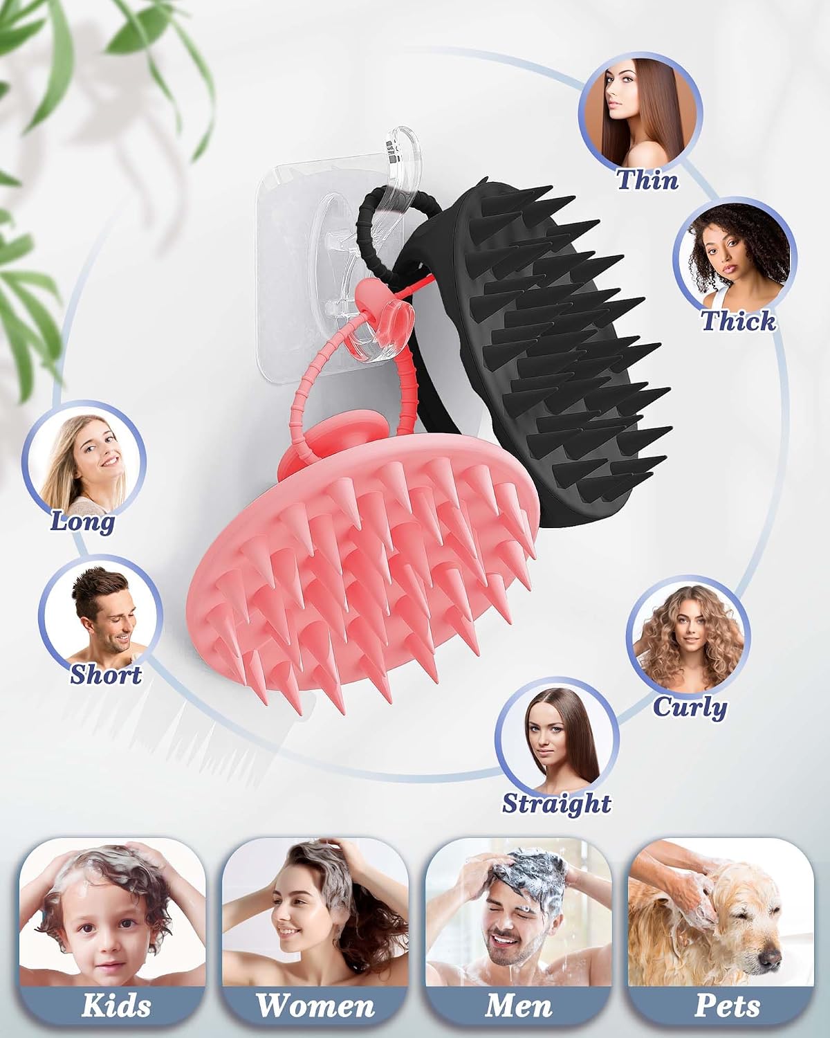 Manmihealth Large Hair Scalp Scrubber, One-piece Silicone Scalp Massager for Wet Dry, Long Bristles Shampoo Brush for Dandruff Removal and Hair Growth with Free Strap&Hook.(Style 2 Black)