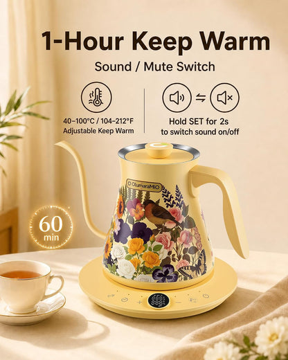 Olumaramio 0.8L/27oz Gooseneck Electric Kettle - ±1℉ Precise Temperature Control for Pour Over Coffee & Tea, 1200W Fast Heating, Auto Shut-Off, Built-in Brew Timer, BPA-Free Stainless Steel, Floral