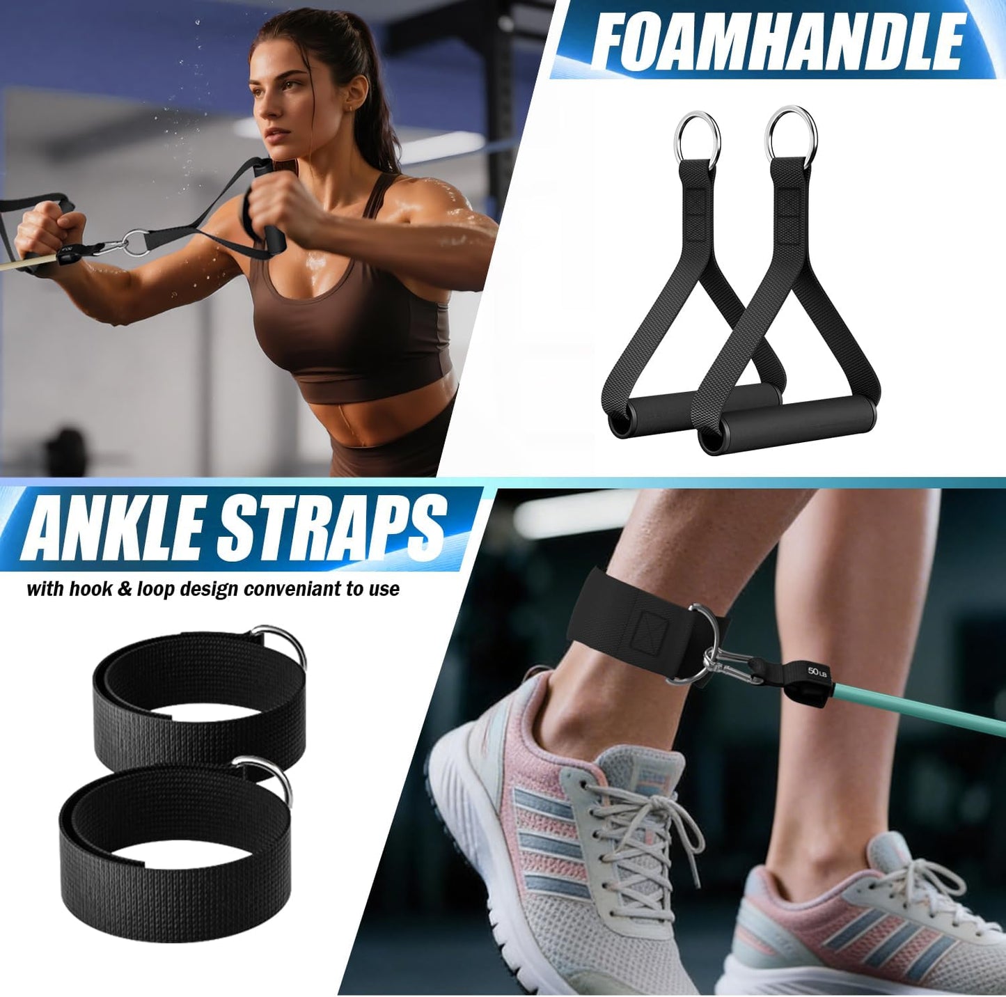 WHATAFIT Resistance Bands, Exercise Bands, Workout Bands with Handles, Door Anchor and Ankle Straps, 5 Resistance Levels Fitness Bands for Strength Training, Physical Therapy, and Home Gym Equipment