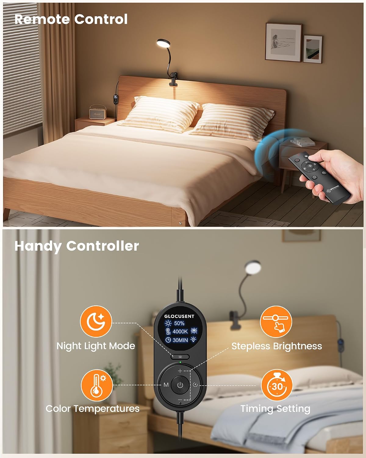 Glocusent Clip on Light, 72 LEDs Clip on Lamp with Amber Night Light, 3 Colors & 5 Brightness Bed Lamp, 30/60-Min Auto Off Timer, Perfect Eye Caring Reading Lamps for Bed/Headboard/Table/Desk