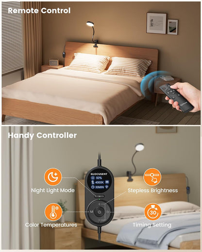 Glocusent Clip on Light, 72 LEDs Clip on Lamp with Amber Night Light, 3 Colors & 5 Brightness Bed Lamp, 30/60-Min Auto Off Timer, Perfect Eye Caring Reading Lamps for Bed/Headboard/Table/Desk