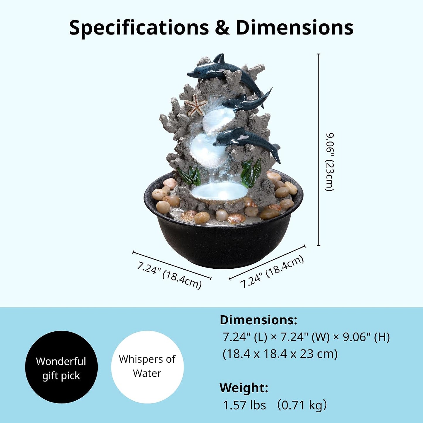 Indoor Tabletop Dolphin Water Fountain with LED Light – Ocean Theme Desk Decor and River Rocks, Relaxing Sound Machine for Sleep & Office, Zen Home Décor Gift for Women, Living Room Decoration