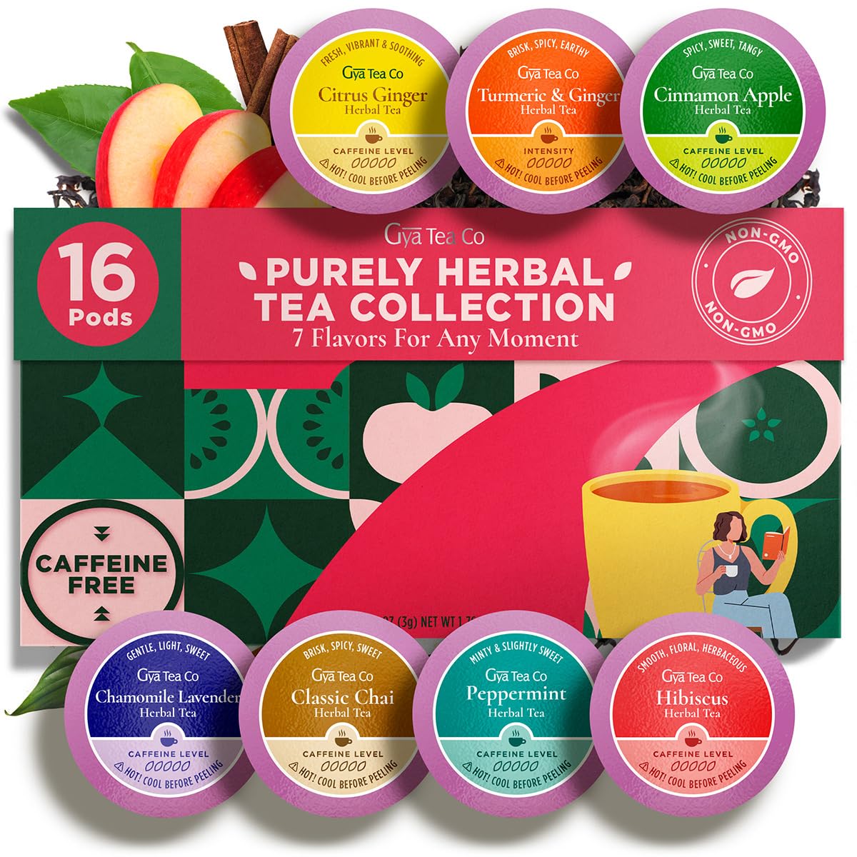 Purely Herbal Tea Pod Gift Set (16 Count) - 7 Flavors Assorted Variety Pack