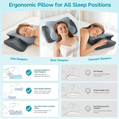 Cervical Pillow for Neck Pain Relief, Ergonomic Pillow for Side Sleeper, Memory Foam Neck Support for Back Stomach Sleepers, Cooling Breathable Orthopedic Contour Pillows for Sleep Apnea Snore, White