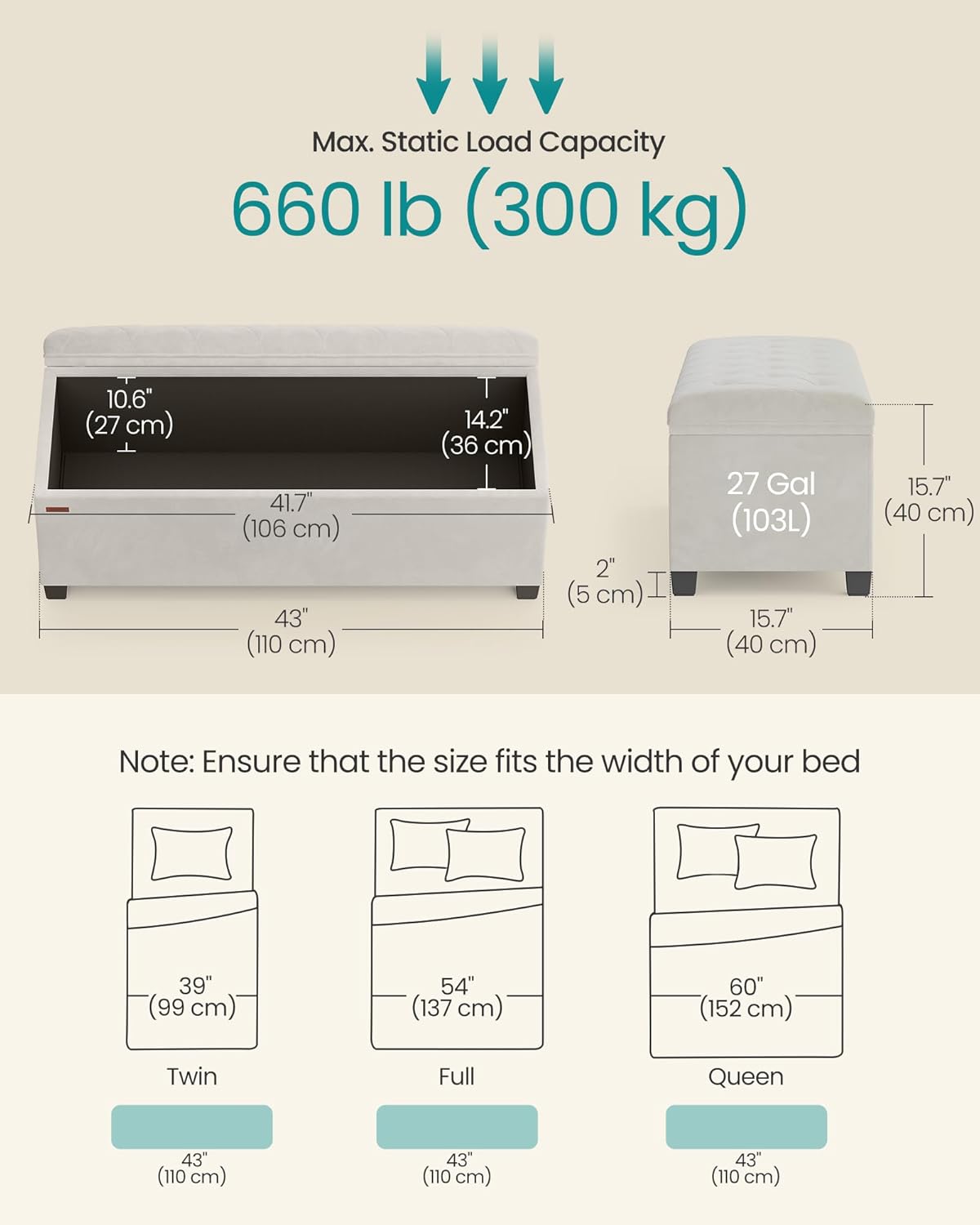 SONGMICS Storage Ottoman Bench, Foot Rest with Legs, 15.7 x 43.3 x 15.7 Inches, End of Bed Bench, Storage Chest, Load up to 660 lb, for Living Room, Bedroom, Entryway, Dark Gray ULSF088G01