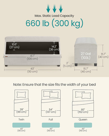 SONGMICS Storage Ottoman Bench, Foot Rest with Legs, 15.7 x 43.3 x 15.7 Inches, End of Bed Bench, Storage Chest, Load up to 660 lb, for Living Room, Bedroom, Entryway, Dark Gray ULSF088G01