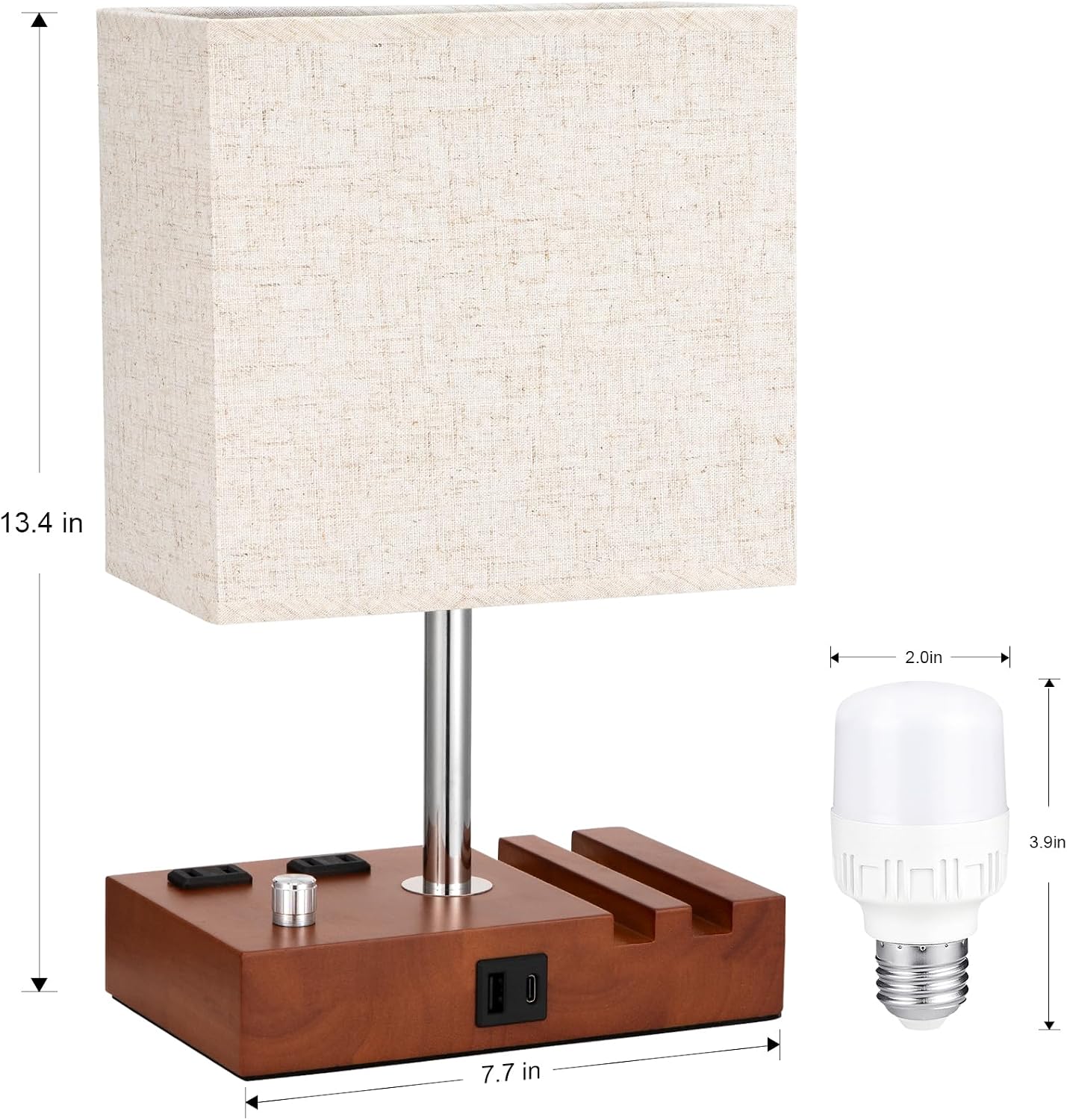 Kakanuo Fully Dimmable Nightstand Lamp for Bedroom with USB C Ports, Grey Small Bedside Table Lamp with Charging Outlets and Phone Stands, Wooden Desk Lamp for Living Room, LED Bulb Included