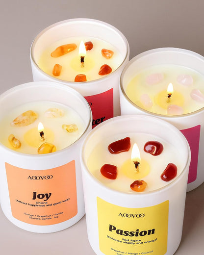 AOOVOO Calm Candles Set for Women - 4 Pack Candles for Home Scented, 28 oz 200 Hour Burn, Aromatherapy Candle with Crystals, Lavender Calm/Jasmine Serenity/Water Lily Pear Harmony/Patchouli Balance
