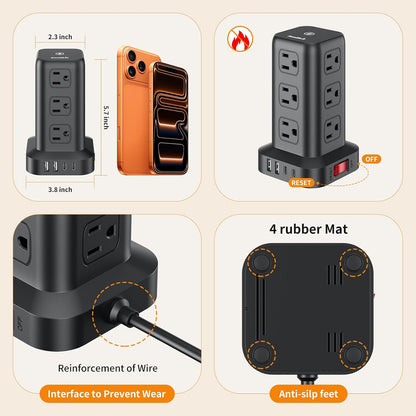 Extension Cord with Multiple Outlets, SMALLRT Power Strip Tower, Outlet Extender with 12 AC Outlets 4 USB, 6.5FT Extension Cord for Home Dorm Room, Office Supplies,Overload Protection