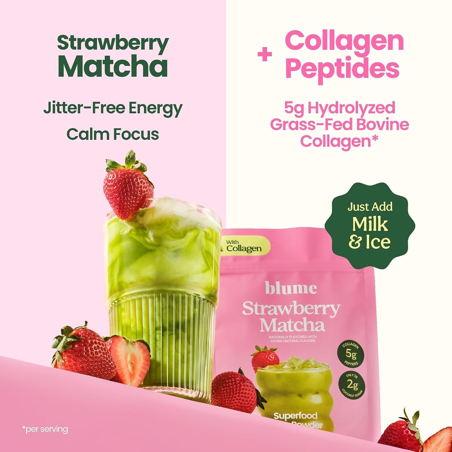 NEW Blume Iced Strawberry Matcha Latte with Collagen – Organic Japanese Matcha Green Tea Powder, Grass-Fed Collagen Peptides, Matcha Powder Latte Drink Mix, only 2g Organic Coconut Sugar, 10 Servings