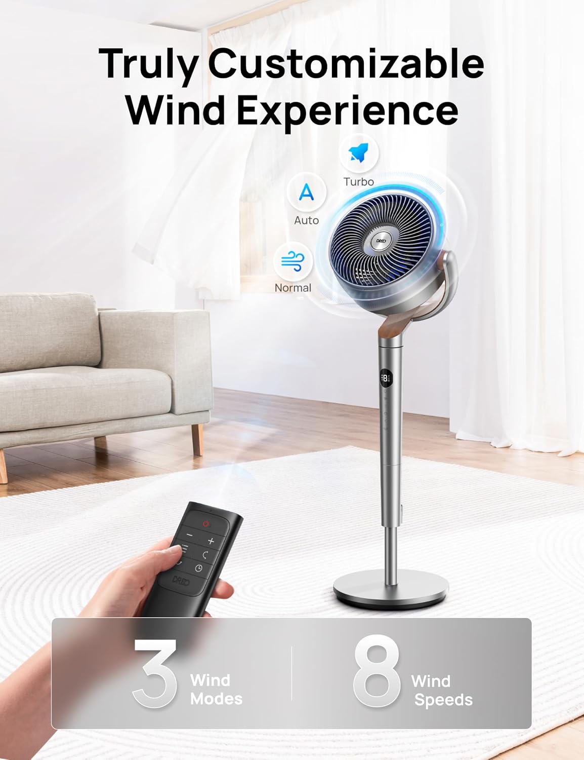 DREO Fan for Bedroom, 120°+120°Omni-directional Oscillating Fan, 90ft, DC Motor, 20 dB Quiet Standing Pedestal Fans, 8 Speeds, 3 Modes Circulator with Remote, 35-40" Adjustable Height, 8H Timer
