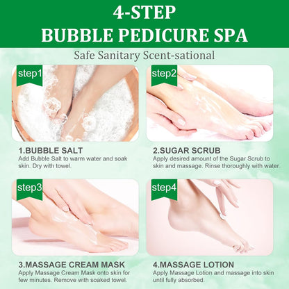 Pedicure Kit Foot Soak Set: Bubble Salt, Sugar Scrub, Massage Mask, Massage Lotion in a Box, 4 Step Foot Spa Kit for Dry Feet, Softens Calluses, Tired Feet（ Lavender) - Colors B
