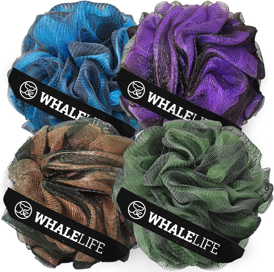 WhaleLife Loofah Bath Sponges - Black Gentle Exfoliating Shower Loofah for Rich Lather, Durable Mesh Body Scrubber for Men & Women 4 Pack