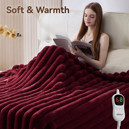 Heated Throw Blanket, Faux Fur Cozy Heating Blanket with Overheat Protection, 1/2/4/6/8 Hours Auto-Off 10 Heat Level, Machine Washable (50x60 Inches, Cream White)