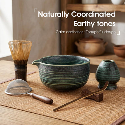 Matcha Whisk Set 7-Piece with Handmade Matcha Bowl & 100-Prong Purple Bamboo Whisk (Chasen), Complete Matcha Kit with Holder, Scoop & Rest, Bamboo Tea Mat, Gift-Ready Matcha Set