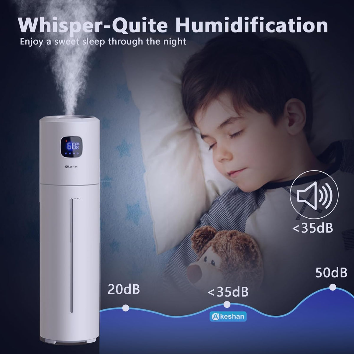 Akeshan Large Humidifiers for Bedroom, 9L/2.5Gal Ultrasonic Cool Mist Humidifier, Top Fill Easy Clean with 350ML/H Large Mist Speed, Quiet, Suitable for Kids Room Plant Yoga Office Study Room Living