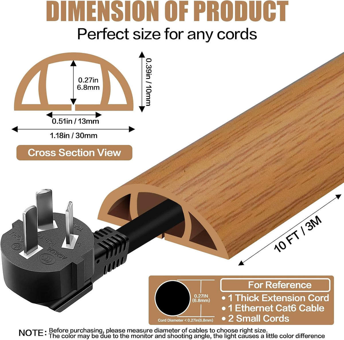 Floor Cord Cover Self Adhesive Cord Hider,10FT Cable Management, Extension Strip Protector for Wires, Prevent Cable Trips for Offices, Gyms, Exhibitions Cavity 0.39"(W) x 0.27"(H) BrownWood
