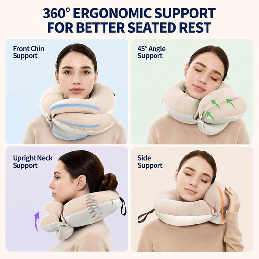 BUYUE Travel Neck Pillows for Airplanes, Memory Foam 360° Head Support Sleep for Long Flight, Skin-Friendly & Breathable, Kit with Eye Mask, Earplugs and Storage Bag (Adult, Grey, 90+ lbs)