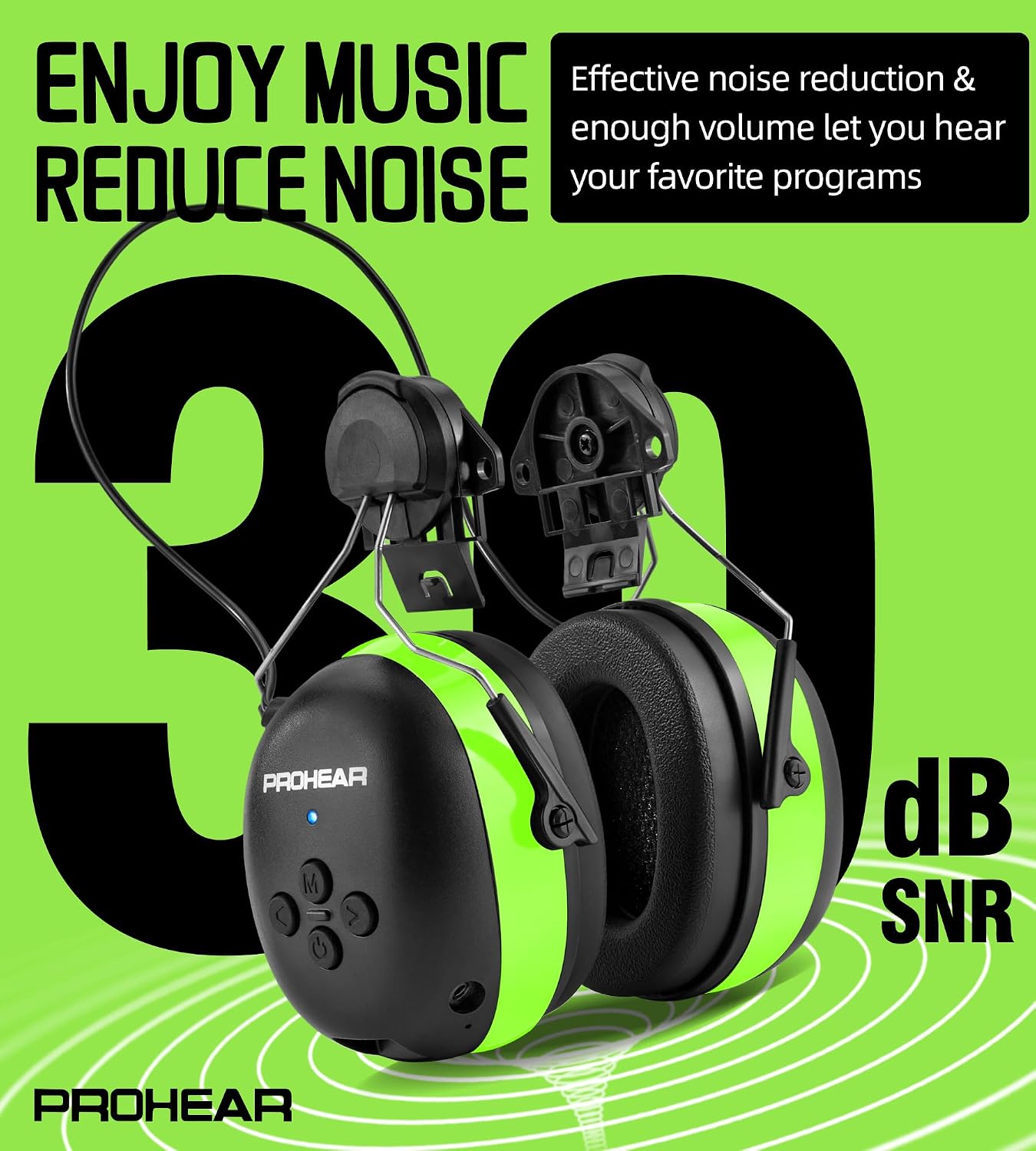 PROHEAR 037 Bluetooth 6.0 Hearing Protection Headphones with Rechargeable 1500mAh Battery, 30dB SNR Safety Noise Reduction Ear Muffs 120H Playtime for Mowing, Workshops, Snowblowing - Black