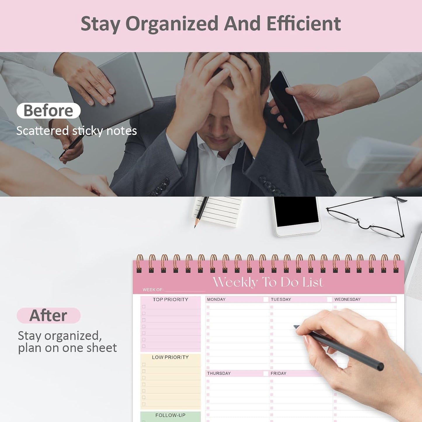 Weekly To Do List Notepad, 52 Sheets, Undated Weekly Planner, Letter Size | 8.5"x11", 100GSM, Thick Paper, Twin-Wire Spiral Bound, Tear Off Desk Pad, For Women & Man, Home School & Office Work