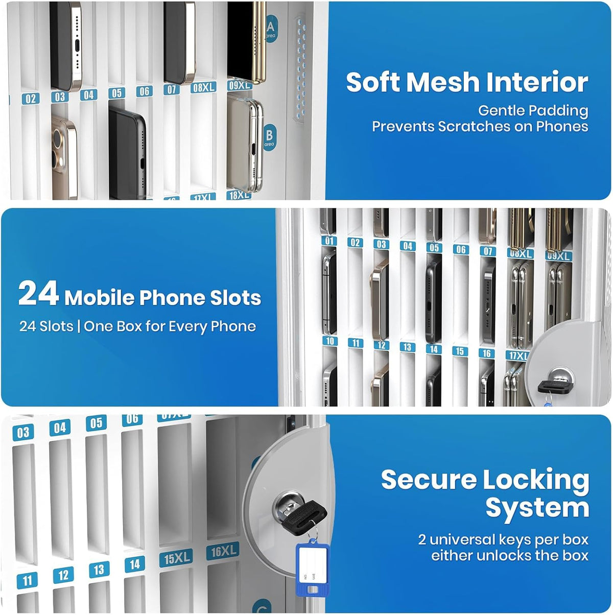 24 Slots Cell Phone Locker, Classroom Phone Storage Cabinet with Key, 【Wall Mounted】 【Aluminum Alloy】 Phone Lock Box, Mobile Phone Lockbox with Handle for School Office Exam(Silver)