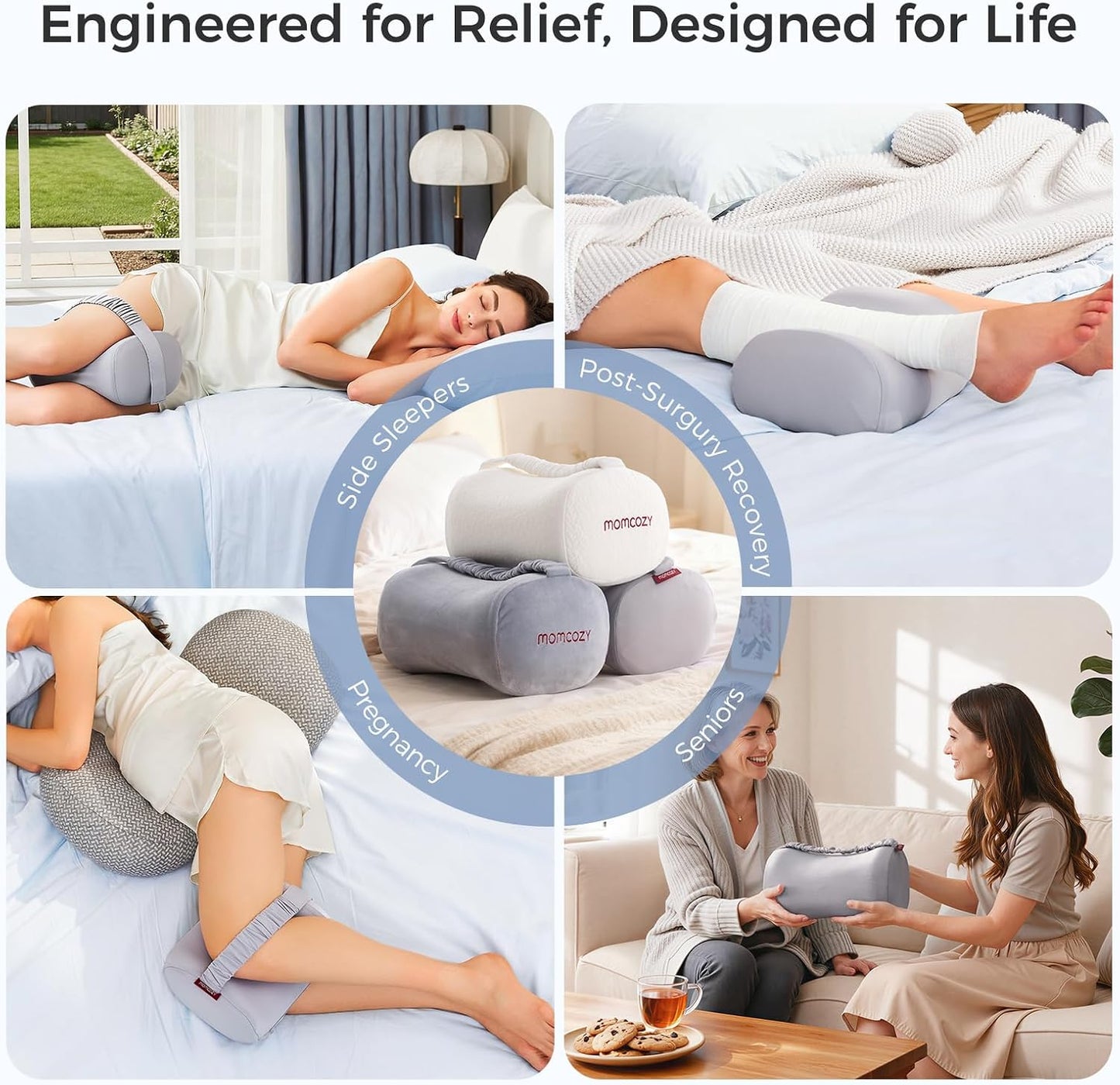 Momcozy Knee Pillow for Side Sleepers, Soft Memory Foam & Pinch-Free Design, Relieve Knee, Leg and Sciatica Pain, Adjustable Elastic Strap Ideal for Pregnant Women and Seniors, White