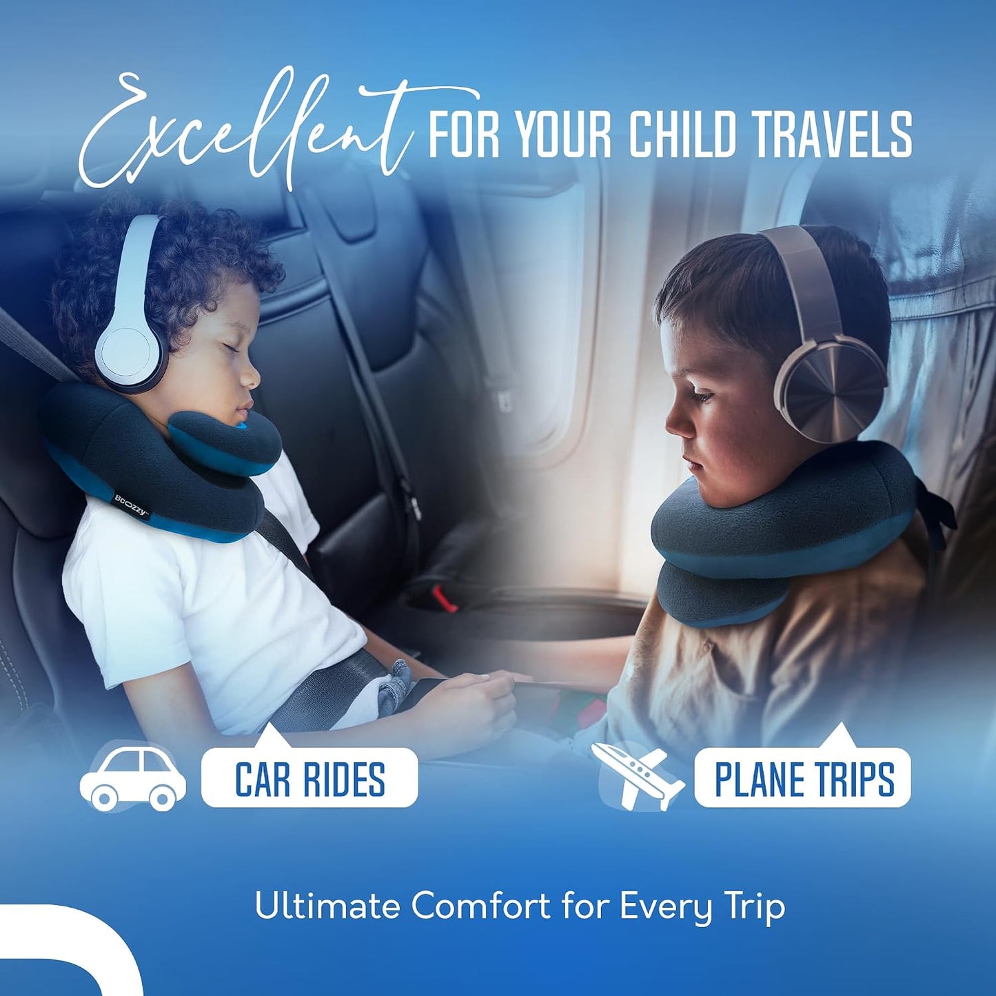 BCOZZY Travel Neck Pillow for Airplane – Patented Double Support for Head, Neck, and Chin. Best for Long Flights, Plane Sleeping, and Car Rides. Adjustable Size. Fully Washable. Carry Bag. Large, Gray