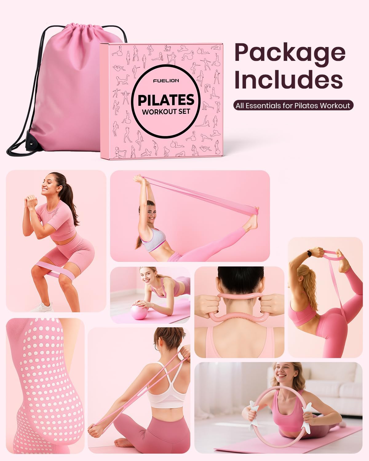 Pilates Ring Set for Women, Home Workout Pilates Equipment with Resistance Bands, 14'' Magic Circle, Mini Ball, Pilates Starter Kit for Strength, Toning and Flexibility