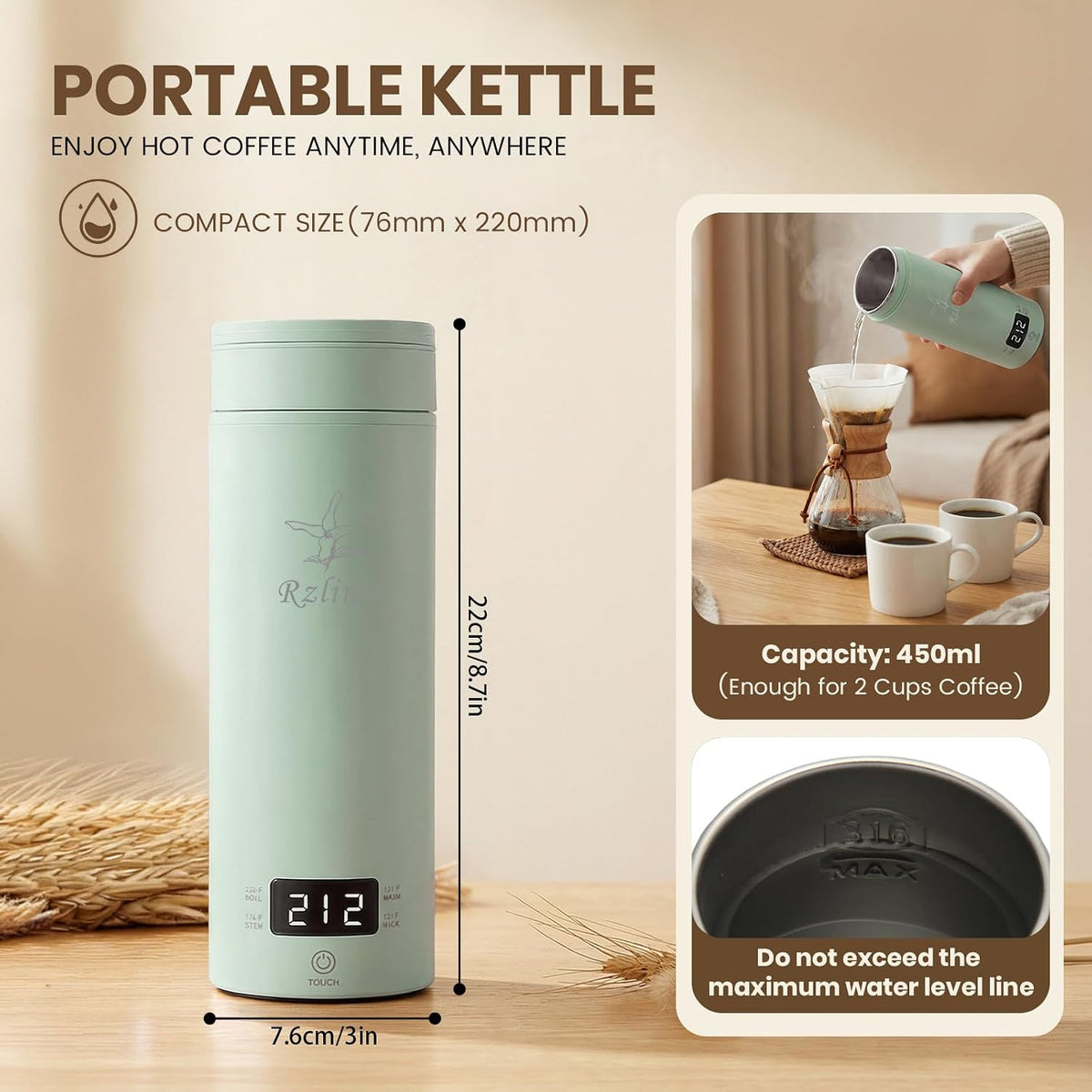 Portable Electric Kettle For Travel, 120V, 450ml, 4 Temperature Control