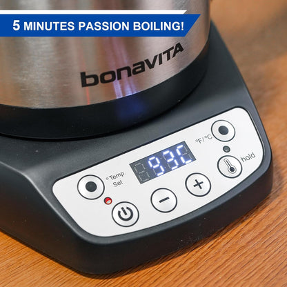 Bonavita 1L Digital Variable Temperature Gooseneck Electric Kettle for Coffee Brew and Tea Precise Pour Control, 6 Preset Temps, Café or Home Use, 1200 Watt, LED Panel, Stainless Steel