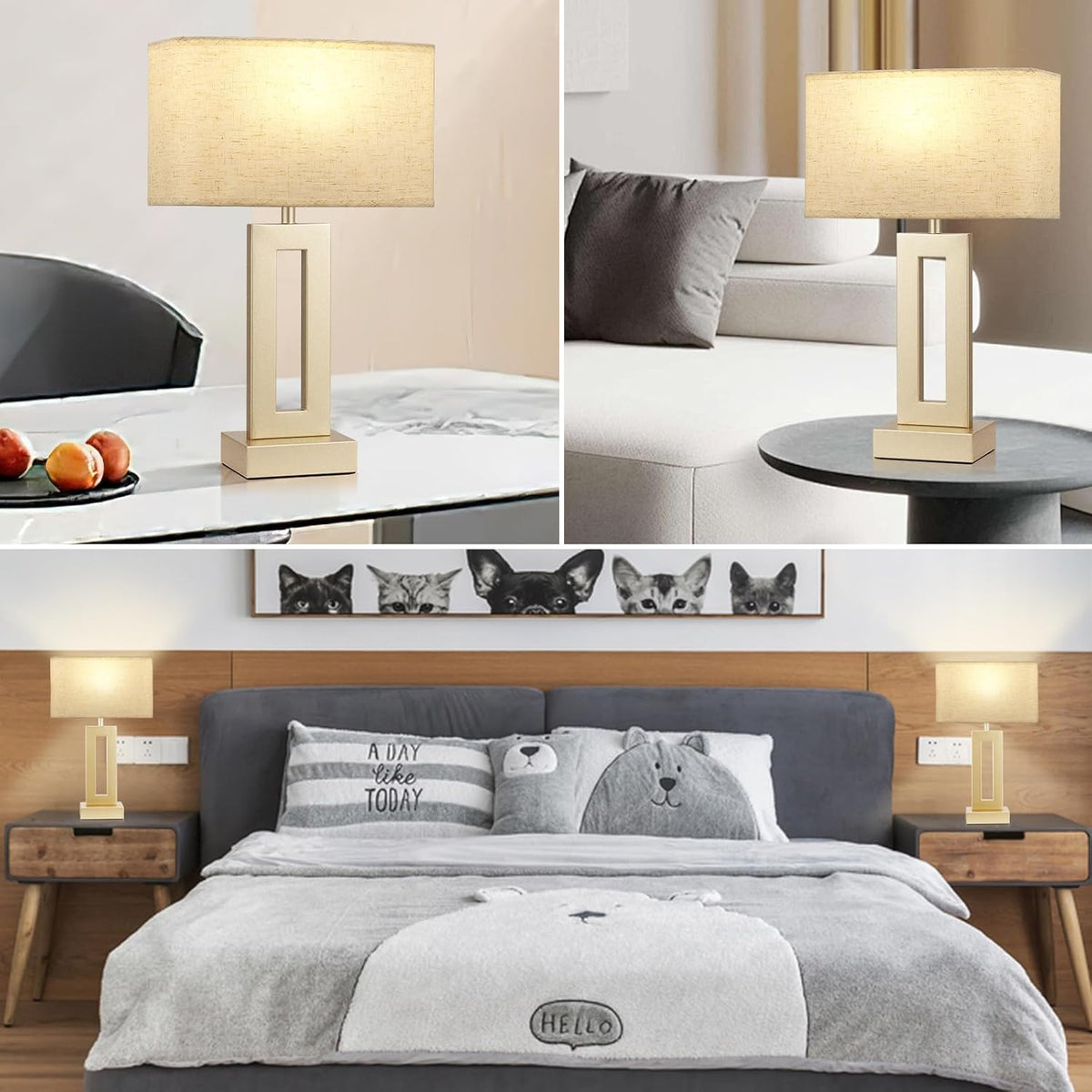 Gold Table Lamps Set of 2, 16.4" Bedside Lamps for Nightstand with USB C+A