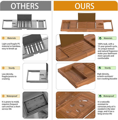 Artmalle Luxury Bathtub Caddy Tray for Tub - Foldable Bamboo Bath Table Tray with Book and Wine Glass Holder, Expandable Bathroom Accessories for Spa or Reading Lite Style