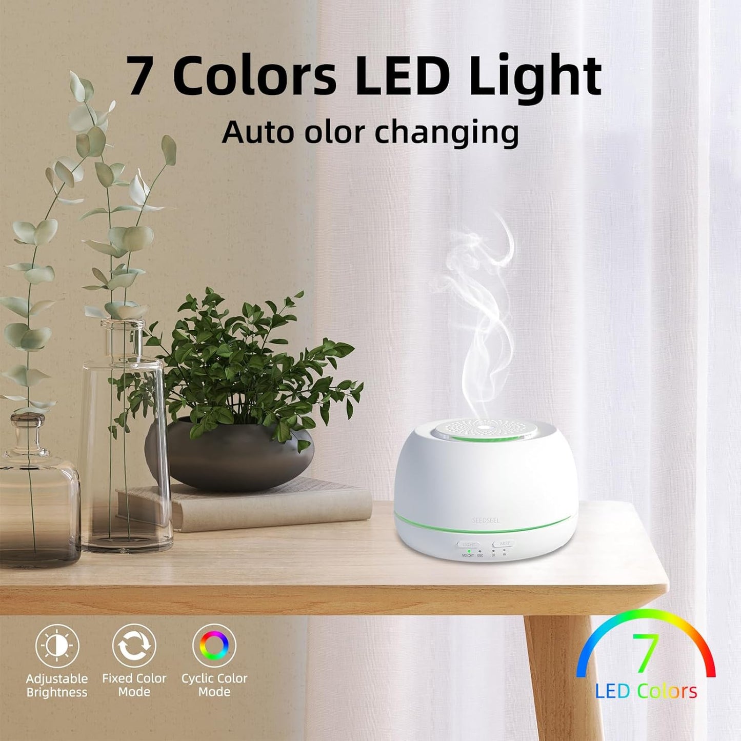 SEEDSEEL 300ML Essential Oil Diffuser,Ultrasonic Aromatherapy Diffuser, 7-Color Gradient Lights, Remote Control, 8 Hours Run Time, Suitable for Home,Office