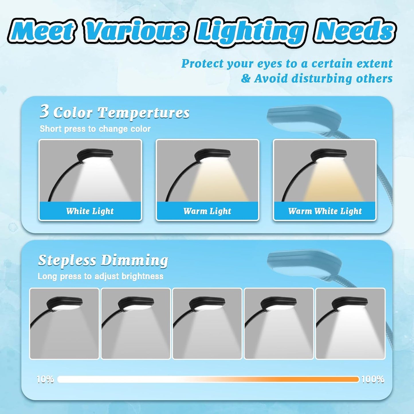 Rechargeable Book Light, Reading Lights for Books in Bed with 3 Color Temperatures & Stepless Dimming Brightness, 360°rotatable clip-on reading light with magnetic suction, suitable for Book Lovers
