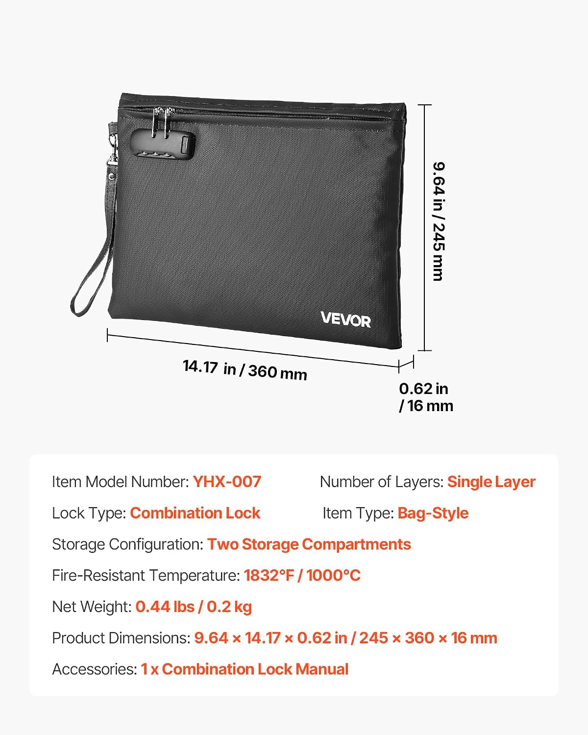 VEVOR Fireproof Document Bag, 1832 ℉ Heat Insulated Fireproof & Waterproof Bag, Portable Multi-Layer File Storage Security Organizer Home Office Travel Use, for Passports, Important Documents, Files