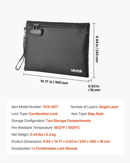 VEVOR Fireproof Document Bag, 1832 ℉ Heat Insulated Fireproof & Waterproof Bag, Portable Multi-Layer File Storage Security Organizer Home Office Travel Use, for Passports, Important Documents, Files