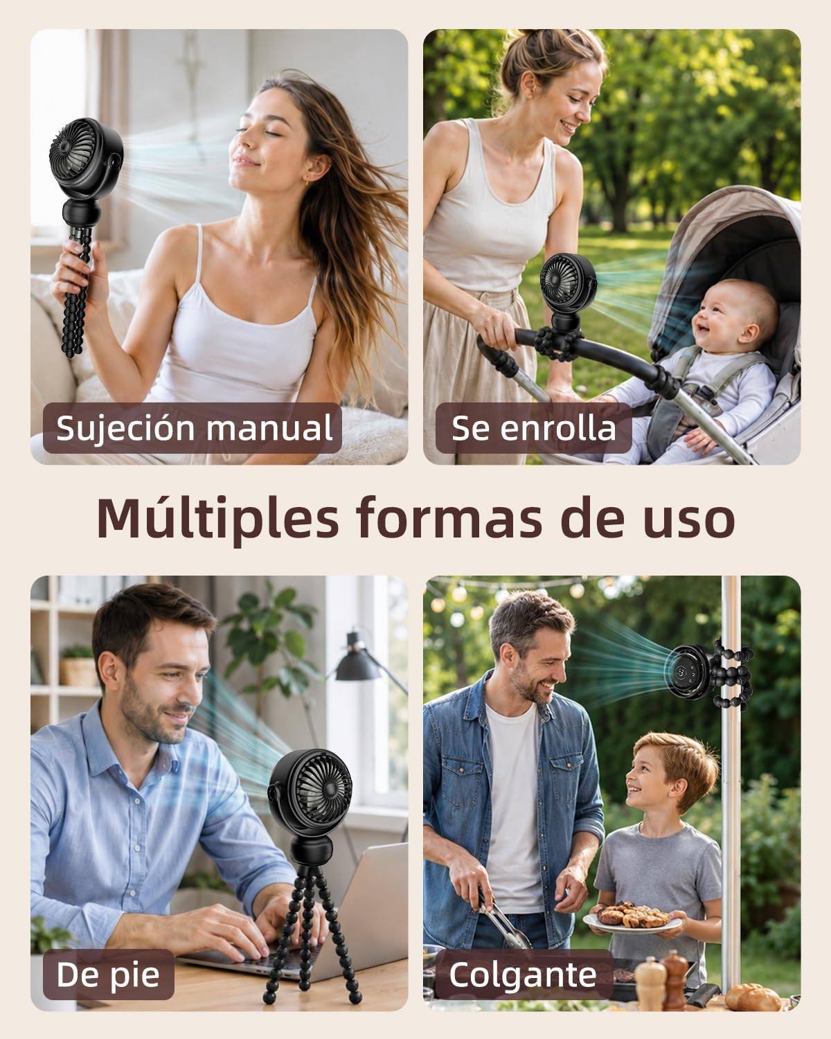 Spopal Portable Baby Stroller Fan, 120° Auto Swing, LED Display- Beige