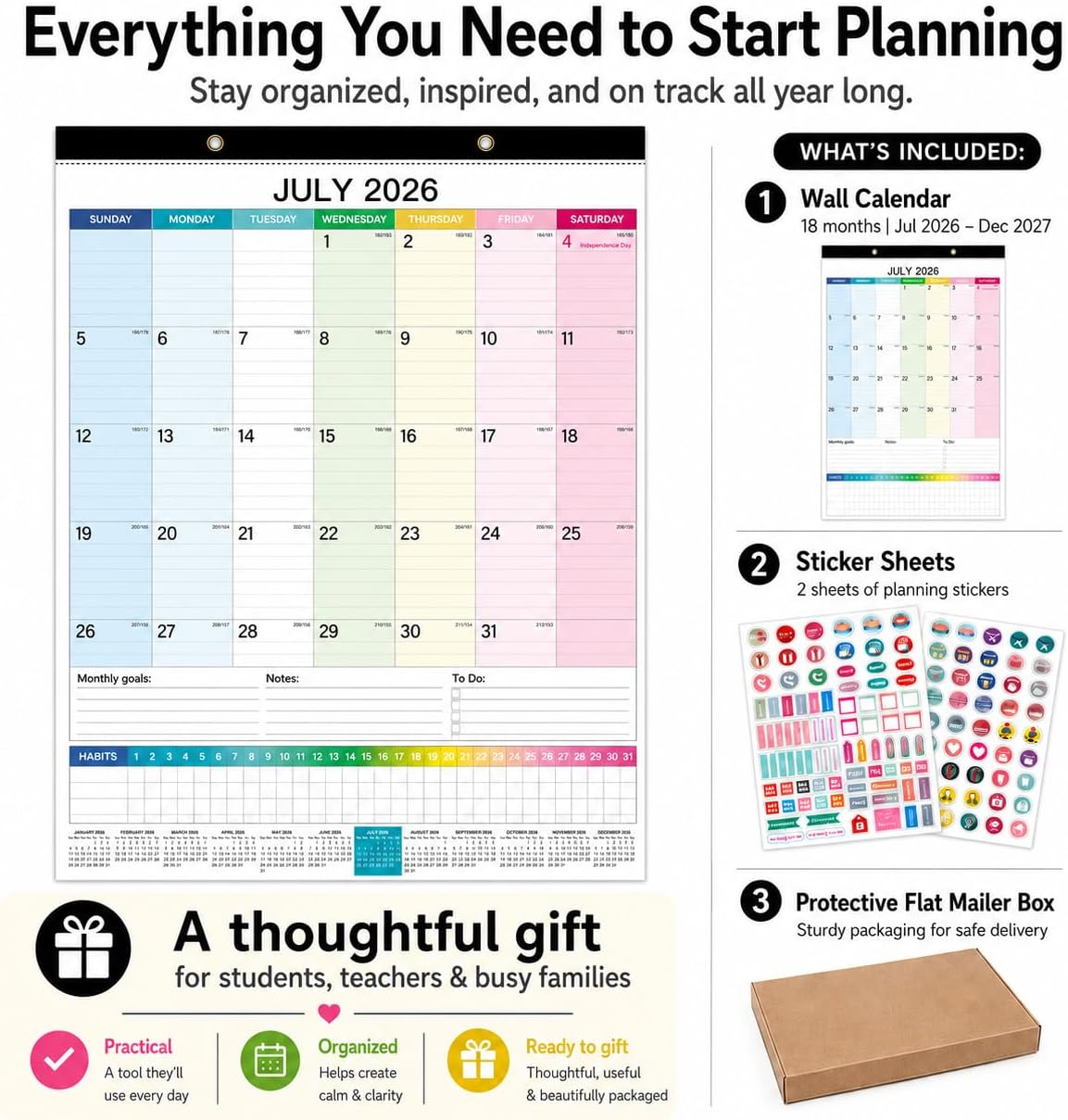 Large Wall Calendar 2026-2027, 18-Month Wall Calendar from July 2026 to December 2027, 15" x 22" 2026 Wall Calendar with Spacious Blocks, Julian Dates, Habit Tracker & Full-Year Reference for Home Office School Colorful