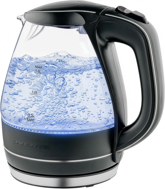OVENTE Electric Kettle, 1.5L Borosilicate Glass Countertop Water Heater and Boiler for Coffee or Tea, BPA-Free, Auto Shut-Off, Boil-Dry Protection, Removable and Washable Spout Filter, White KG83W